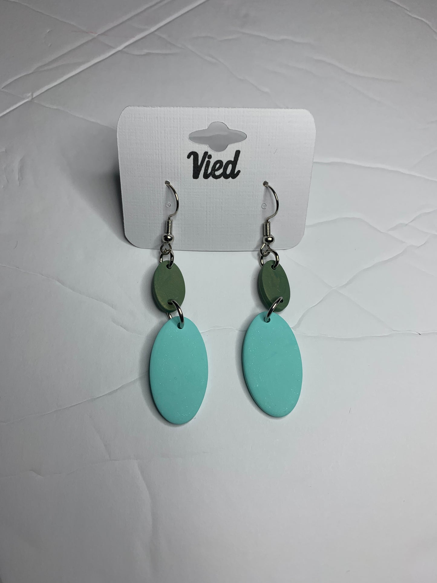 Polymer Clay Earring / Oval green sage and teal